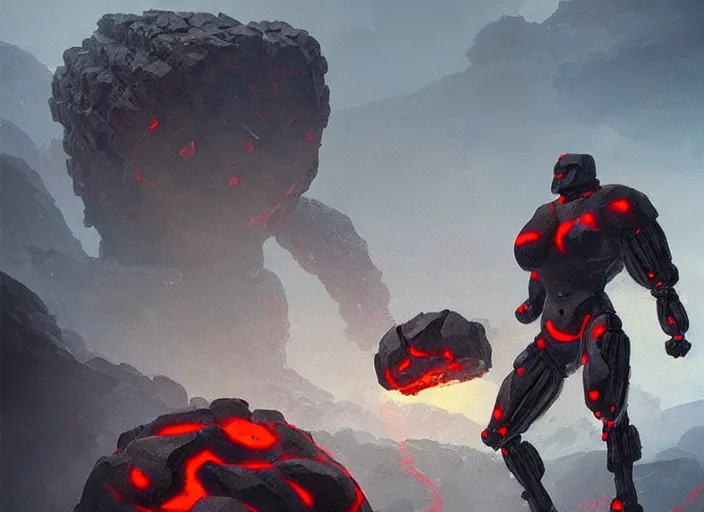 Image similar to epicly designed very muscular stone obsidian robot with human body fighting a deadly beast made from lava with background by greg rutkowski