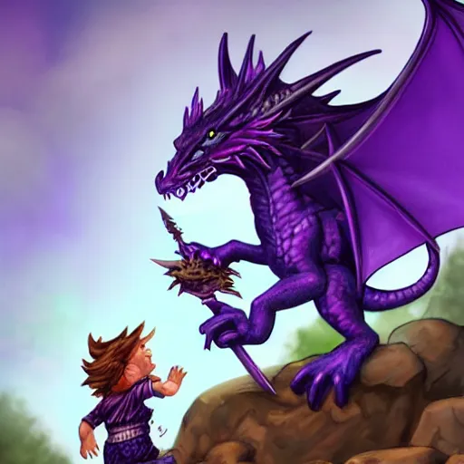 Prompt: purple dragon taming a gnome, fantasy illustration
