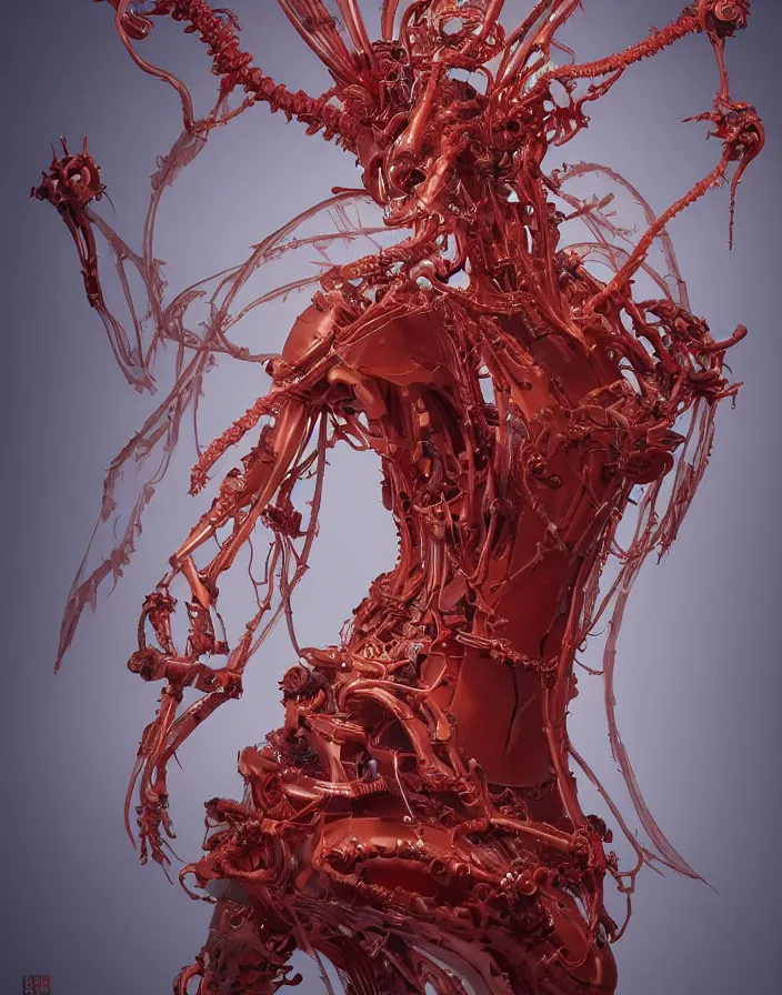 Prompt: red biomechanical wear dress of a demon by Roberto Ferri. beautiful woman. vintage bulb. white plastic. gold baroque elements, human skull, jellyfish, butterfly, phoenix head. burning wax. intricate artwork by Tooth Wu and wlop and beeple and dan mumford and greg rutkowski and nekroxiii. halo. octane render, cinematic, hyper realism, octane render, 8k, depth of field, bokeh. iridescent accents. vibrant. teal and gold and red colour scheme