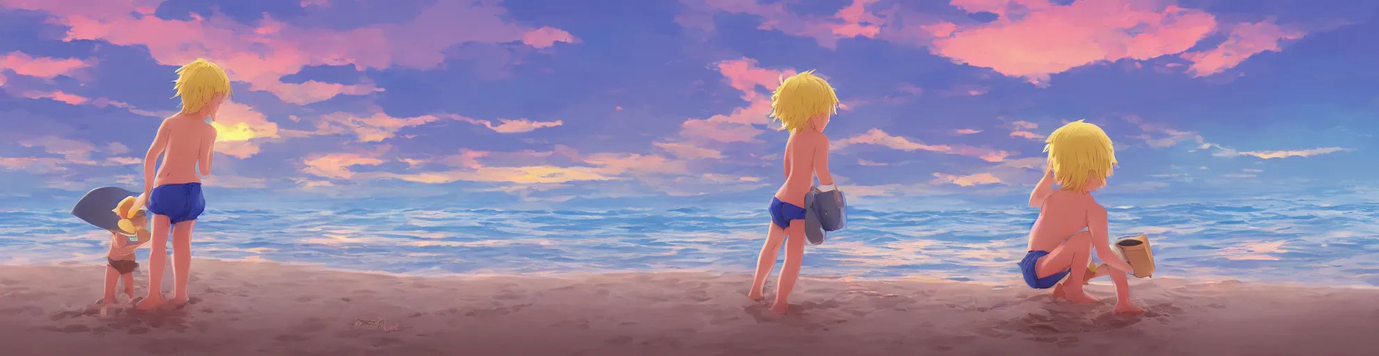 Image similar to beautiful, detailed digital painting of a blond-haired child making sandcastles on the beach and looking at the sunset, anime by Makoto Shinkai, sand, waves, trending on artstation