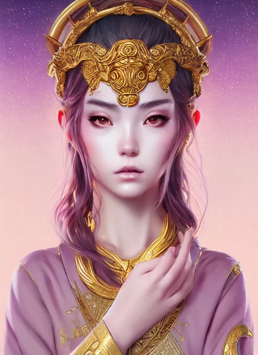 Image similar to dreamlike luxury stunning zodiac aquarius god portrait, pale pink and gold kimono, art by artgerm, wlop, loish, ilya kuvshinov, 8 k realistic, hyperdetailed, beautiful lighting, detailed background, depth of field, symmetrical face, frostbite 3 engine, cryengine,