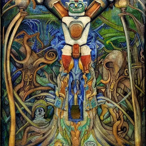 Image similar to robot seizes the forest crown, by Annie Swynnerton and Diego Rivera and Elihu Vedder, symbolist, dramatic lighting, elaborate geometric ornament, tattoos, Art Brut, soft cool colors,smooth, sharp focus, extremely detailed