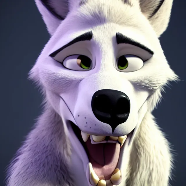 Image similar to portrait headshot of a handsome male white skull - wolf in the style of zootopia. pixar, fur volumetric lighting, subsurface scattering, hyperrealistic, octane render, hyperdetailed
