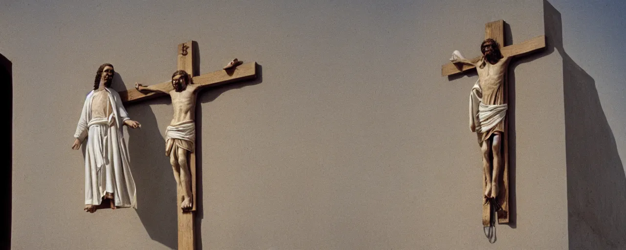 Image similar to jesus on a cross made of spaghetti, ancient rome, architectural, minimal, canon 5 0 mm, wes anderson film, kodachrome