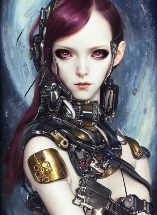 Image similar to portrait of cute beautiful young goth cyborg maiden, cyberpunk, Warhammer 40000, highly detailed, artstation, illustration, art by Gustav Klimt and Range Murata