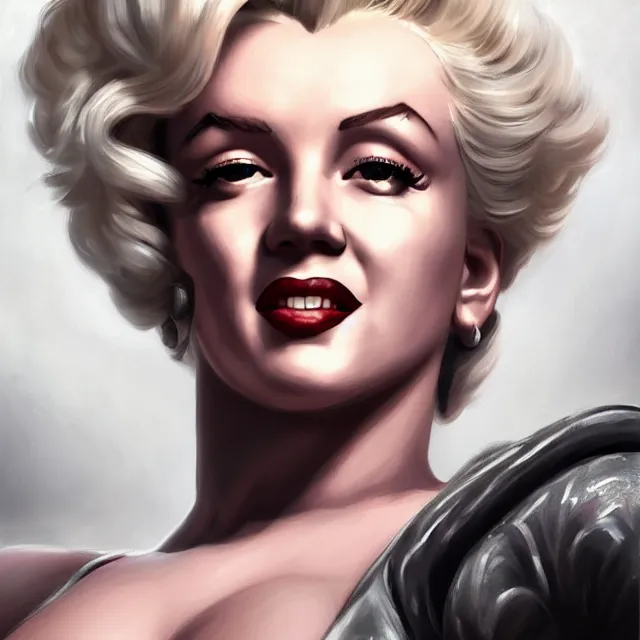 Image similar to detailed portrait of marilyn monroe as a female bodybuilder zarya from overwatch, attractive, beautiful, fantasy, intricate, elegant, highly detailed, digital painting, artstation, concept art, matte, sharp focus, illustration, art by aenaluck, artgerm and roberto ferri and greg rutkowski, epic fantasy, digital painting
