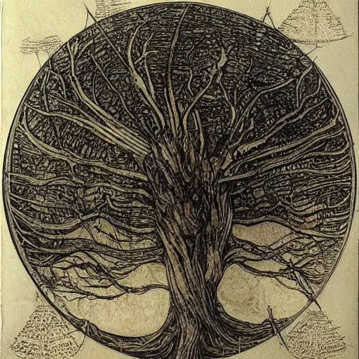 Prompt: leonardo da vinci color intricate full page scan artistic drawing of the world tree, on paper, black ball pen style, :: ultra-detailed technical precision :: mixed media with white and silver lines, realistic composition, point of interest at golden ratio, light from right, more darkness on the bottom, monumentally art composition, high quality of sketching with subtle hairlines, highly detailed rounded forms, inside out and outside in, octane render