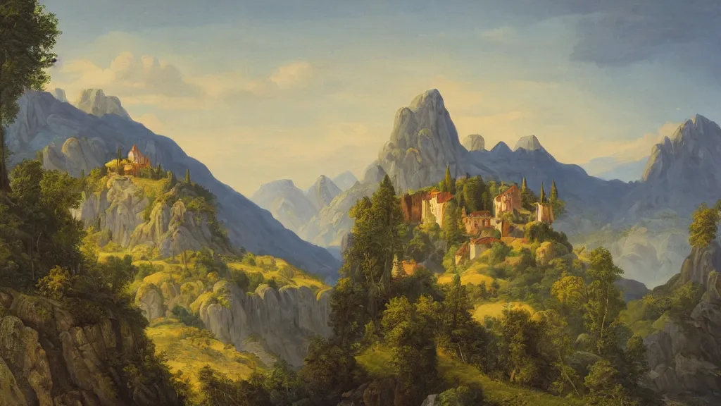 Prompt: detailed naturalism landscape painting of a monastery on the top of a rough, steep mountain with great view on other mountains, epic