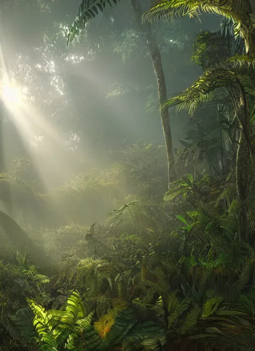 Prompt: jungle with sunrays piercing foliage and fog at dusk, realistic, ultra detailed, artstation