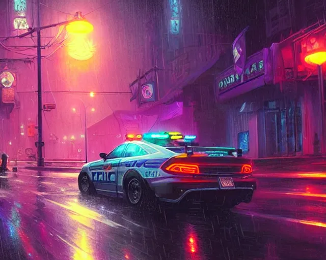 Prompt: police chase, night life, neon glow, heavy rain, deep focus, d & d, fantasy, intricate, elegant, highly detailed, digital painting, artstation, concept art, matte, sharp focus, illustration, hearthstone, art by artgerm and greg rutkowski and alphonse mucha