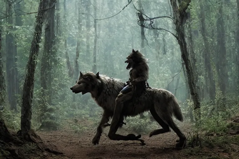 Image similar to vfx movie closeup detailed ancient armored warrior orc hunting riding large wolf in the forest, natural lighting by emmanuel lubezki