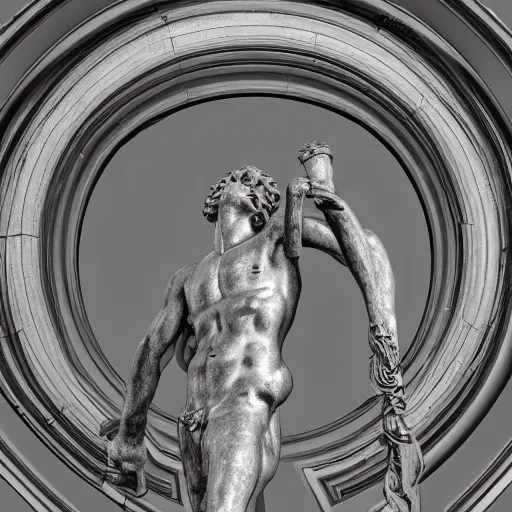 Image similar to a renaissance statue surrounded by a 3 d neon ring 3 d render, black background, ray tracing, 8 k resolution, shar focus, hyper detailed, hyper realistic