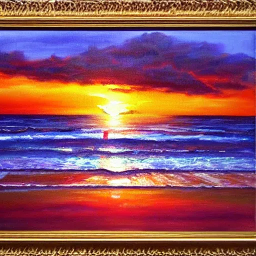 Prompt: The sunset light shines on the sea, sparkling, warm tones, oil painting