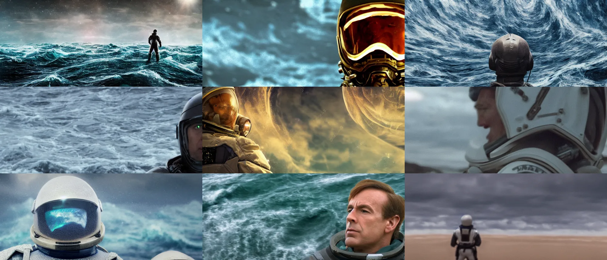 Prompt: on ocean , bokeh !!cinematic close up shot of saul goodman wearing the spacesuit in scene from the movie interstellar ,shady dull weather, panorama,natural dull colours, anamorphic, epic cinematic, exteremely giant ocean wave in background