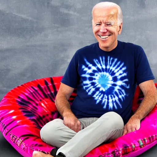 Prompt: joe biden wearing a tie - dye t - shirt and sitting on a papasan chair