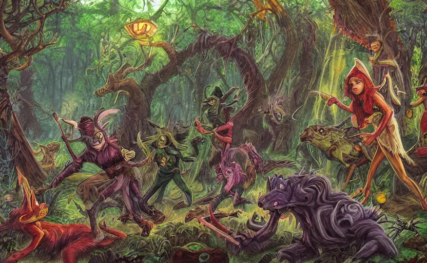 Image similar to a scene of elves running through a clearing in a dark fantasy forest surrounded by darkness and colorful cartoon monsters. hyperrealist illustration. muted colors. 1 9 7 0's pulp science fiction and fantasy cartoon for alice in wonderland and wizard of oz. highly detailed and richly colored painting by don ivan punchatz and basil gogos. trending on artstation