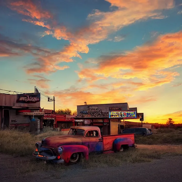 Image similar to a sunset light landscape with historical route 6 6, lots of sparkling details and sun ray ’ s, blinding backlight, smoke, volumetric lighting, colorful, octane, 3 5 mm, abandoned gas station, old rusty pickup - truck, beautiful epic colored reflections, very colorful heavenly, softlight