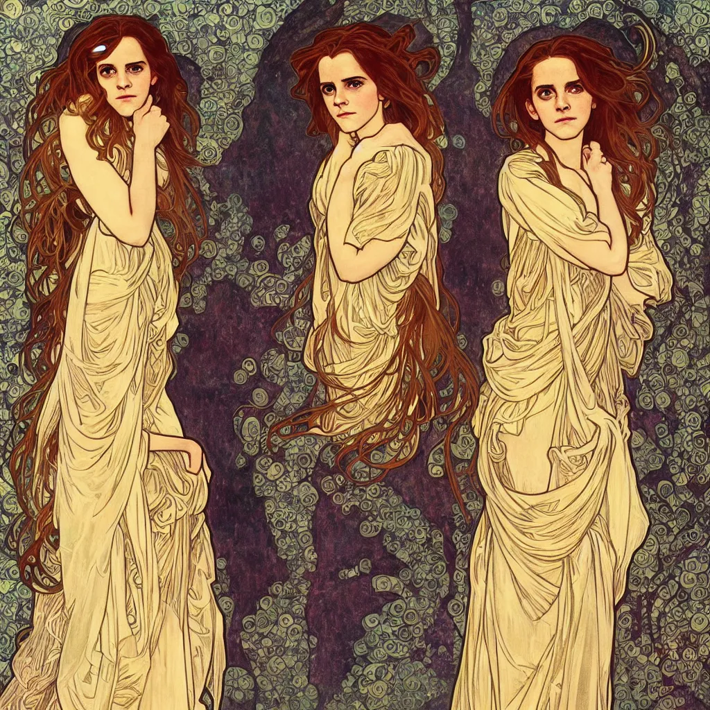 Prompt: Emma Watson as Hermione in Harry Potter made with a combination of the art styles of Alphonse Mucha and Gustav Klimt. Masterpiece. High Quality Details