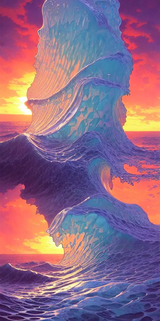 Image similar to ocean wave around ancient translucent iceberg, lsd water, dmt ripples, backlit, sunset, refracted lighting, art by collier, albert aublet, krenz cushart, artem demura, alphonse mucha