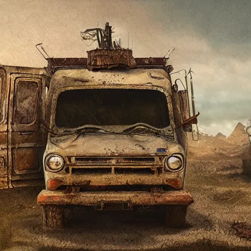 Image similar to mystery machine from the show scooby doo abandoned, dirty, apocalypse, cinematic, detailed, epic, widescreen, opening, establishing, mattepainting, photorealistic, 4 k, octane render, art by greg rutkowski