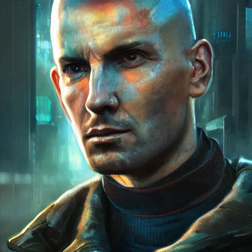 Prompt: cyberpunk, armitage, closeup portrait of an ex soldier with one artificial eye, brown buzzcut, dramatic light, city background, sunset, dystopian setting, high contrast, sharp, neuromancer, painted by stanley lau, painted by greg rutkowski, painted by stanley artgerm, digital art, trending on artstation