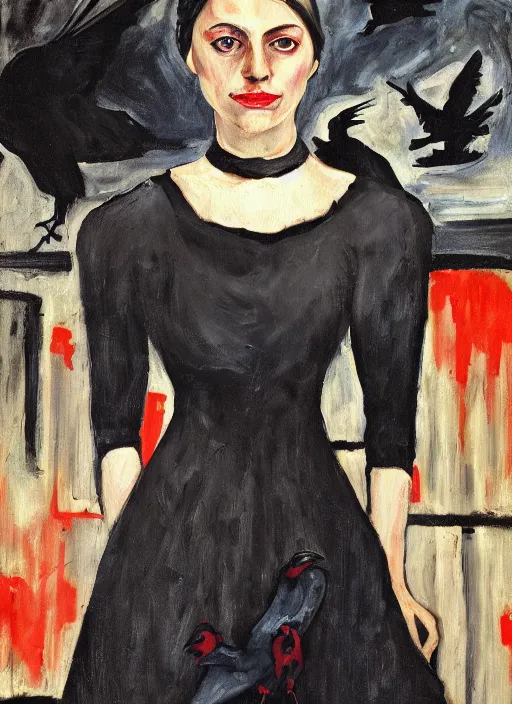 Image similar to a painting of AnnaSophia Robb, frozen cold stare, blood red background, transparent gray dress, crows as a symbol of death, in style of Edward Hopper, John Singer Sargant, Chaim Soutine, surrealism of Francis Bacon, American Gothic, 8k, ultradetailed