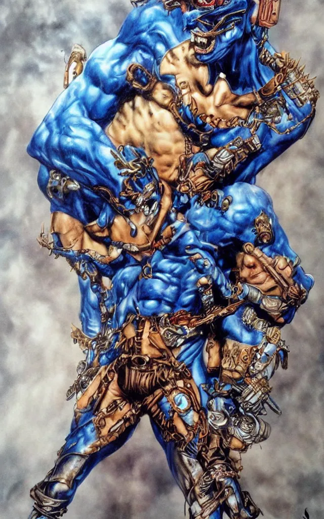 Prompt: blue djinn in the sky heavy metal airbrush iron spike fantasy 80s by simon bisley detailed, masterpiece