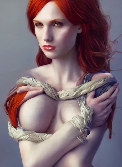 Image similar to Beautiful redhead girl which chest wrapped in bandages, portrait, fantasy, medieval, vivid colors, fantasy, elegant, concept art, sharp focus, beautiful face, digital art, Hyper-realistic, 4K, Unreal Engine, Highly Detailed, HD, Dramatic Lighting by Brom, trending on Artstation