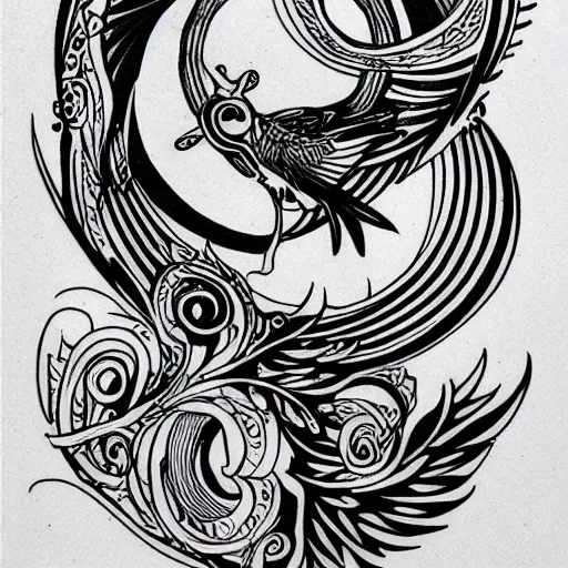 Image similar to an art nouveau tattoo design of birds flying in a simple spiral, ink, line art _ h 7 2 0