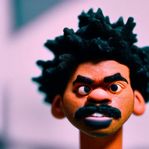 Image similar to a cinematic film still of a claymation stop motion film starring chance the rapper as a college student, shallow depth of field, 8 0 mm, f 1. 8