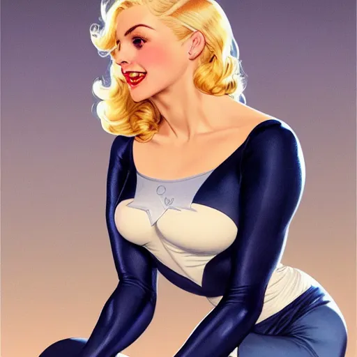 Image similar to a beautiful pin - up portrait of a beautiful cute superhero woman, blonde hair, matte navy - blue bodysuit, white cape, intricate, elegant, 8 k, highly detailed, digital painting, concept art, smooth, sharp focus, illustration, by norman rockwell and artgerm and loish and wlop and alphonse mucha