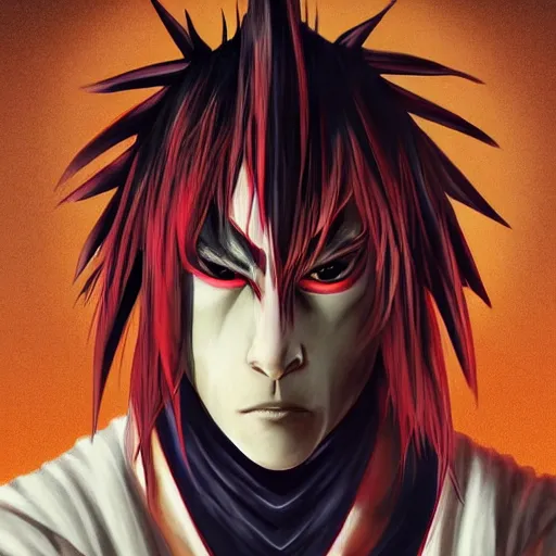 Image similar to demon martial artist, handsome japanese demon boy, young adult yokai with long spiky black hair, vampire, vantablack gi, simple clothes, red eyes, ultra realistic, intricate details, highly detailed, subsurface scattering, photorealistic, octane render, 8 k, art by artgerm, greg rutkowski, magali villeneuve, alphonse mucha