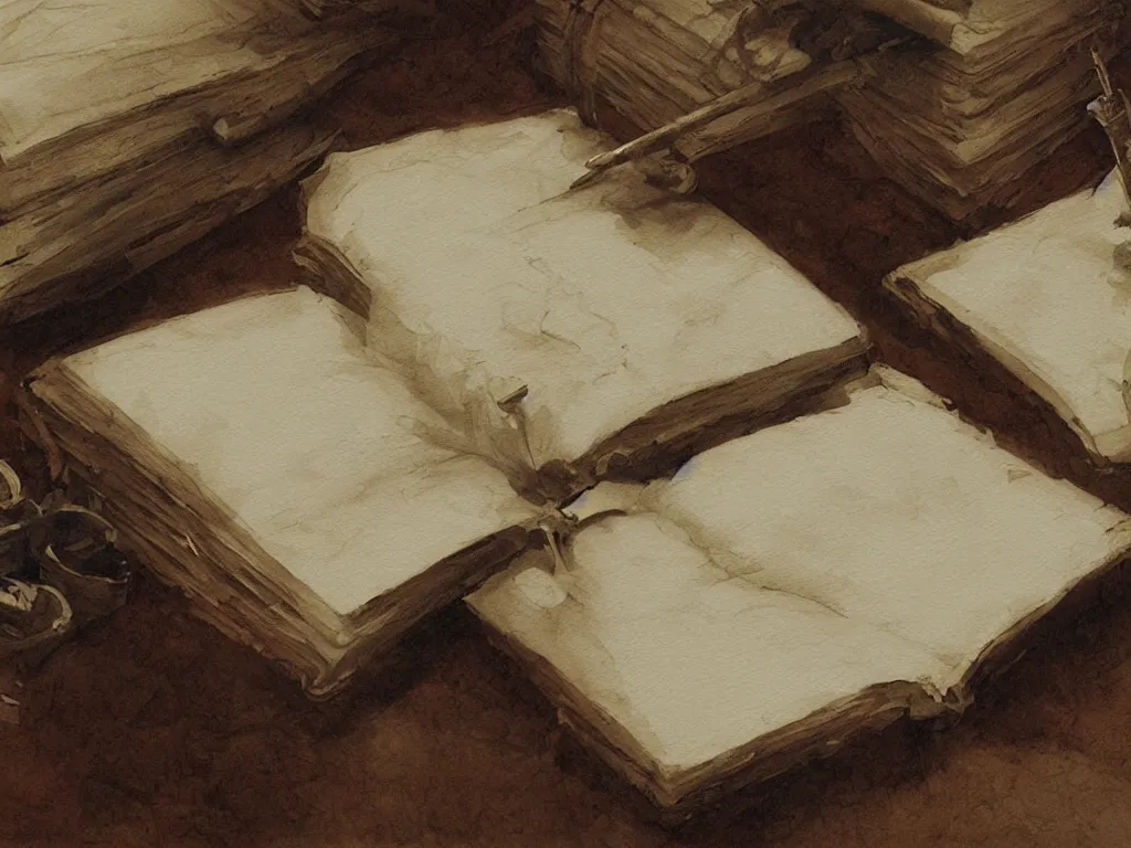 Image similar to detailed painting of a book bleeding ink onto a desk, by John Howe and Krenz Cushart