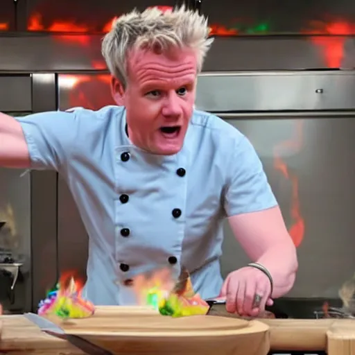 Image similar to hyper real Gordon Ramsey cooking a unicorn in kitchen 4k