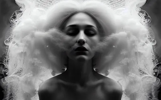 Image similar to delicate, dreamy, feminine, subsurface scattering, white, young beautiful goddess in cosmos long white hair floating in air, fluid smoke art, black and white, octane render, dino valls, mark ryden, joe fenton, michal karcz, highly detailed, rim light, art, cinematic lighting, very coherent, hyper realism, 8 k