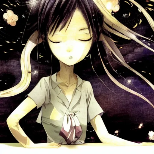 Image similar to yoshitaka amano blurred and dreamy realistic illustration of an anime girl with black eyes, wavy white hair fluttering in the wind wearing dress suit with tie, junji ito abstract patterns in the background, satoshi kon anime, noisy film grain effect, highly detailed, renaissance oil painting, weird portrait angle, blurred lost edges, three quarter view