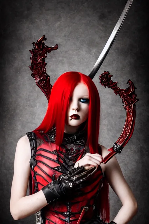 Image similar to very beautiful demonic top model, red hair and skin, wearing gothic victorian armor with blades and swords, luxury materials, symmetrical, cinematic, elegant, professional studio light, real dlsr photography, sharp focus, 4 k, ultra hd, sense of awe, high fashion