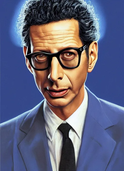 Image similar to portrait of Jeff Goldblum in The Fly (1986), highly detailed, centered, solid color background, digital painting, artstation, concept art, smooth, sharp focus, illustration, Basil Gogos, Joseph Christian Leyendecker, Les Edwards, Ed Repka, WLOP, Artgerm