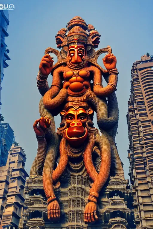 Prompt: high quality 3 d futuristic biomrphic hanuman! head building in mumbai!! centre, kalighat, highly detailed, cinematic smooth, berenice abbott & john j. park, dramatic warm morning light, long shot, low angle, uhd 8 k, sharp focus