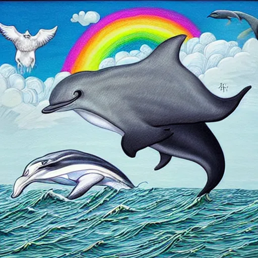 Prompt: a hyper realistic painting of the grim reaper riding a dolphin that is jumping over a rainbow, by joe fenton,