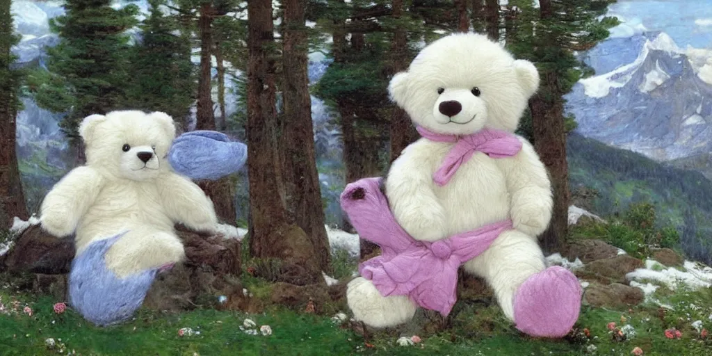 Image similar to 3 d precious moments plush bear with realistic fur and an blue / white / gray / green / pink / tan / mid pink / blue gray color scheme, snowy mountain landscape, master painter and art style of john william waterhouse and caspar david friedrich and philipp otto runge