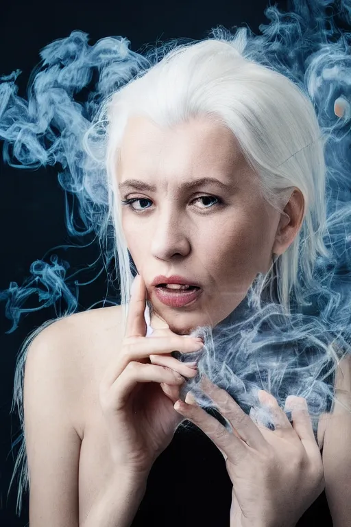 Image similar to portrait of a woman, with white hair like smoke, with reaction-diffusion wallpaper, studio photo, high detail