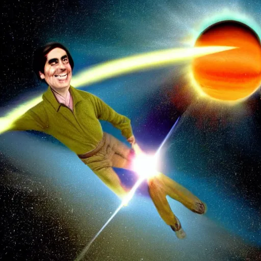 Image similar to Carl Sagan riding a meteor in high speed across the universe.