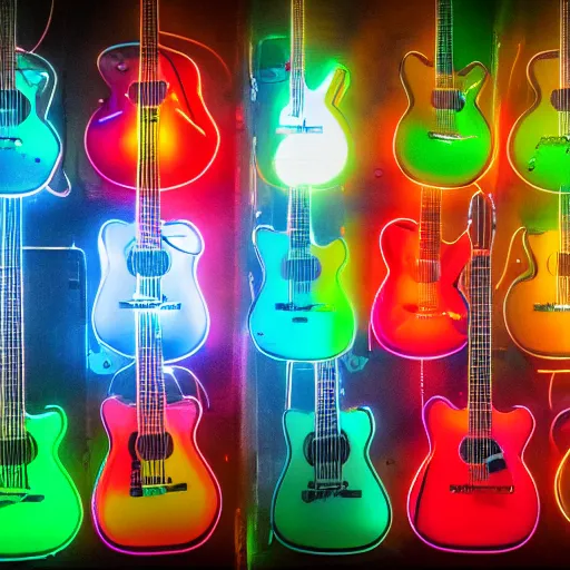 Image similar to 8k photo of a giant Wall of guitars. Detailed, neon lights, nikon