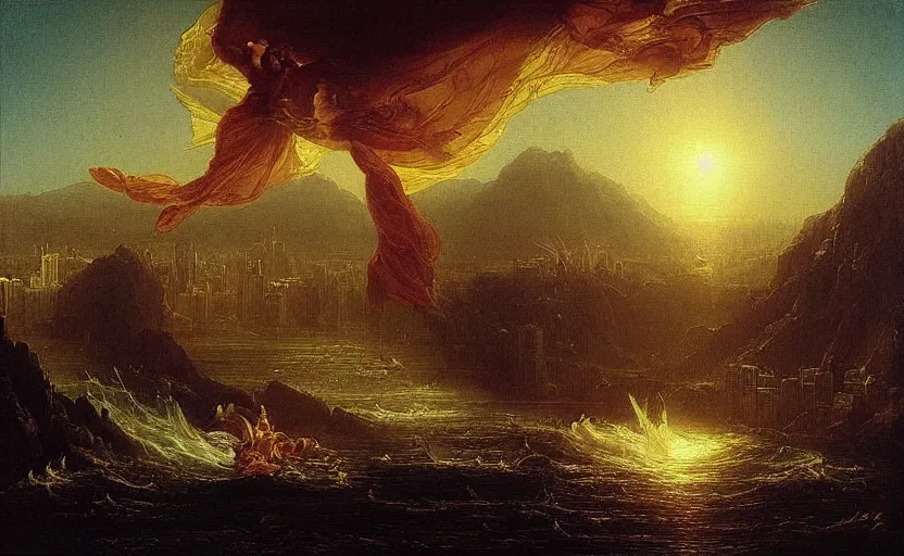 Image similar to “ the fall of dubai, in the style of thomas cole ”