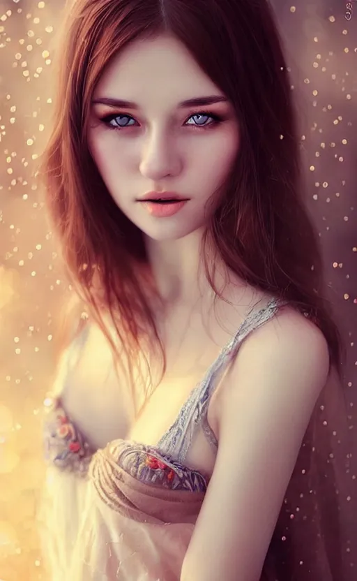 Image similar to a gorgeous russian female photo, bokeh, beautiful face, professionally retouched, soft lighting, realistic, smooth face, full body shot, torso, dress, perfect eyes, sharp focus on eyes, 8 k, high definition, insanely detailed, intricate, elegant, art by artgerm and kyoung hwan kim