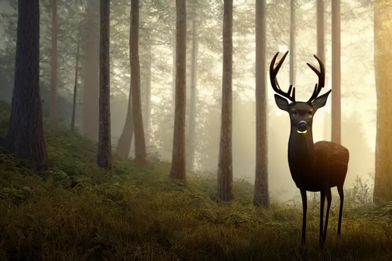 Prompt: a close up of the head of a deer with bright gold eyes in the foreground, background of a landscape misty forest scene, the sun glistening through the trees, hyper realistic photograph, octane render 8k, trending on artstation, unreal engine