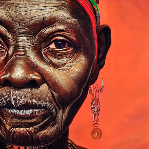 Image similar to a painting of a wise elder from Kenya by Kehinde Wiley . dramatic angle, ethereal lights, details, smooth, sharp focus, illustration, realistic, cinematic, artstation, award winning, rgb , unreal engine, octane render, cinematic light, macro, depth of field, blur, red light and clouds from the back, highly detailed epic cinematic concept art CG render made in Maya, Blender and Photoshop, octane render, excellent composition, dynamic dramatic cinematic lighting, aesthetic, very inspirational, arthouse.