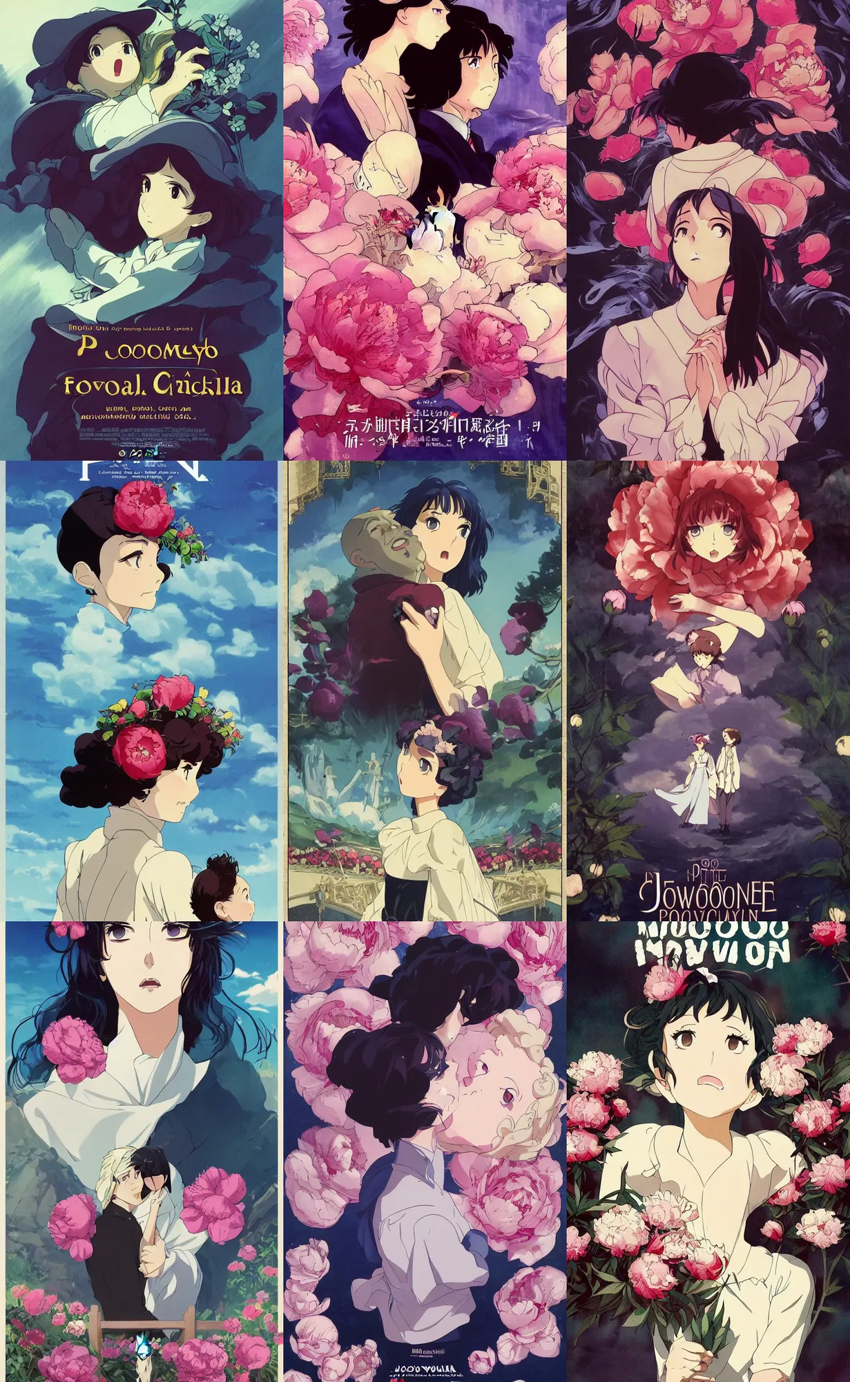 Image similar to bestselling movie poster, official media,a cinematic beautiful closeup moment of saying goodbye. peonies howls moving castle, simple form, brutal shapes, shaman, pixiv, 1970s fashion, official anime media, cinematic lighting, artwork by doja cat, charlie bowater, Joaquin Sorolla, john william, waterhouse, ,greg rutkowski, wong kar wai