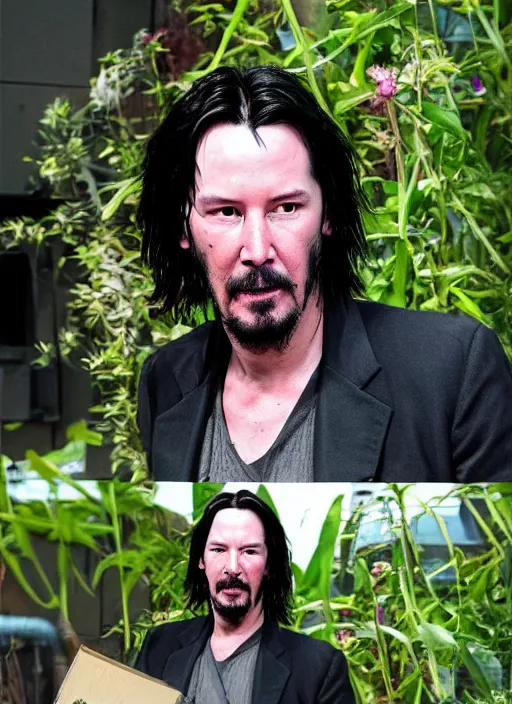 Image similar to solarpunk keanu reeves working in a garden, cyberpunk 2 0 7 7 wake up samurai, solarpunk, lots of plants, gardening, permaculture, anarchy, realistic, ultra detailed